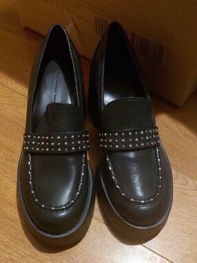Black Studded Leather Loafers for Women by